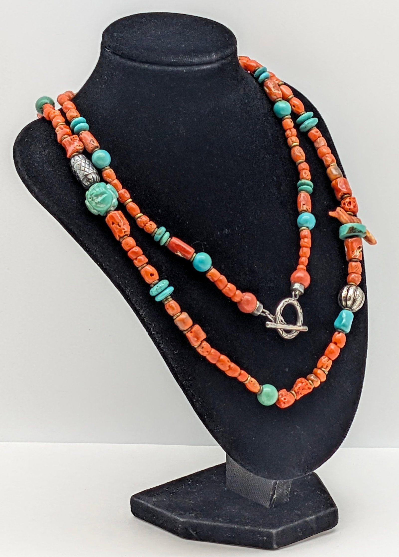 Vintage Ethnic Statement Necklace Featuring Coral and Turquoise Beads w/ Sterling Silver Clasp: Length:28in