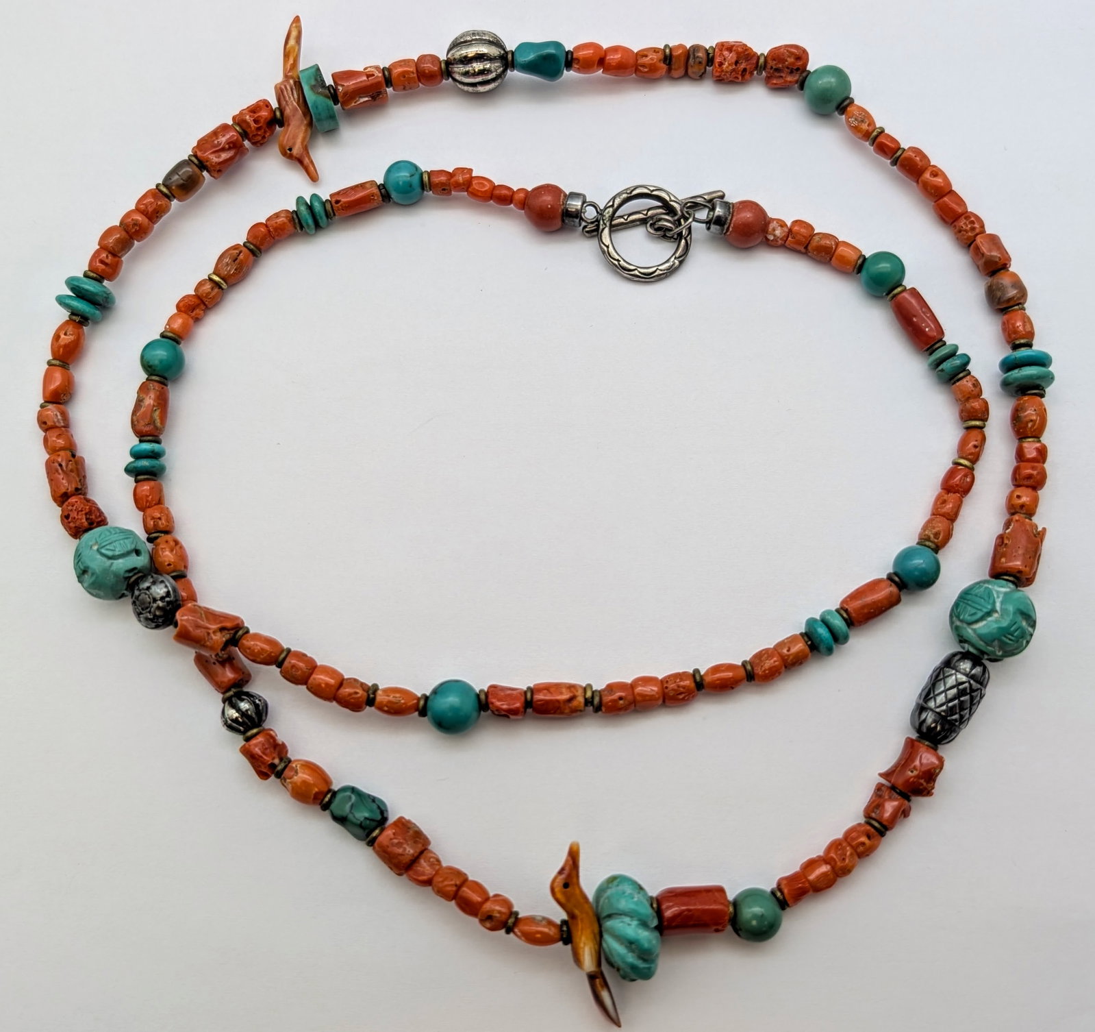 Vintage Ethnic Statement Necklace Featuring Coral and Turquoise Beads w/ Sterling Silver Clasp - 2