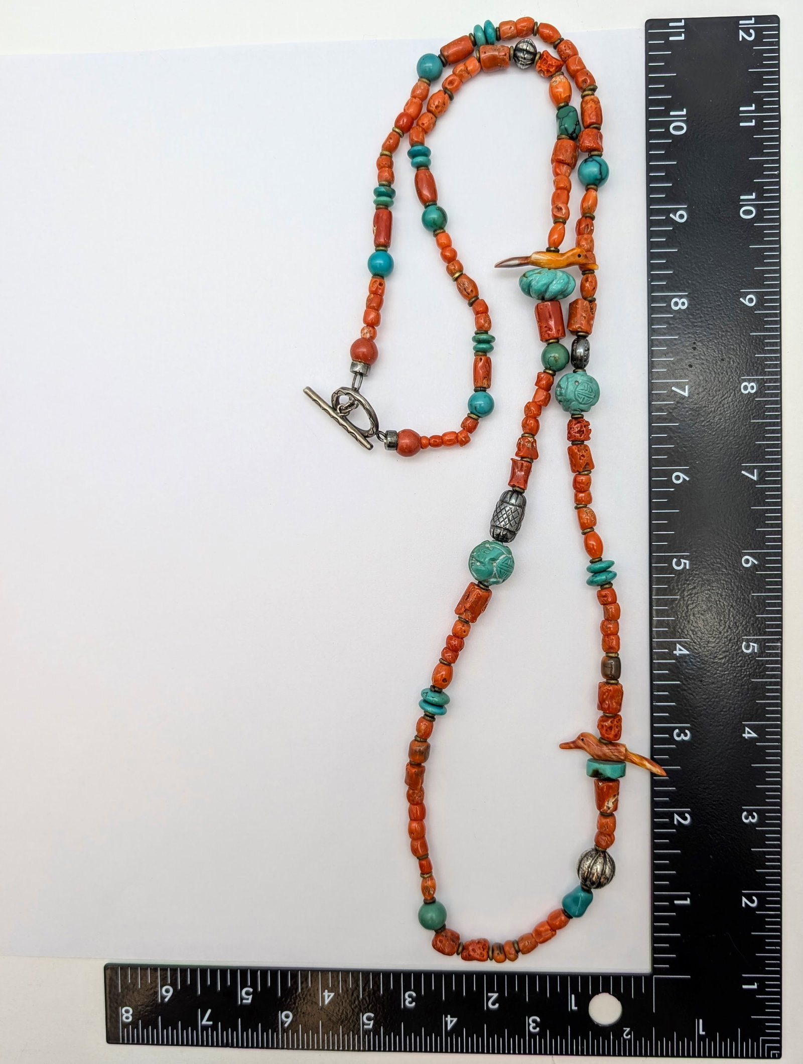 Vintage Ethnic Statement Necklace Featuring Coral and Turquoise Beads w/ Sterling Silver Clasp - 5