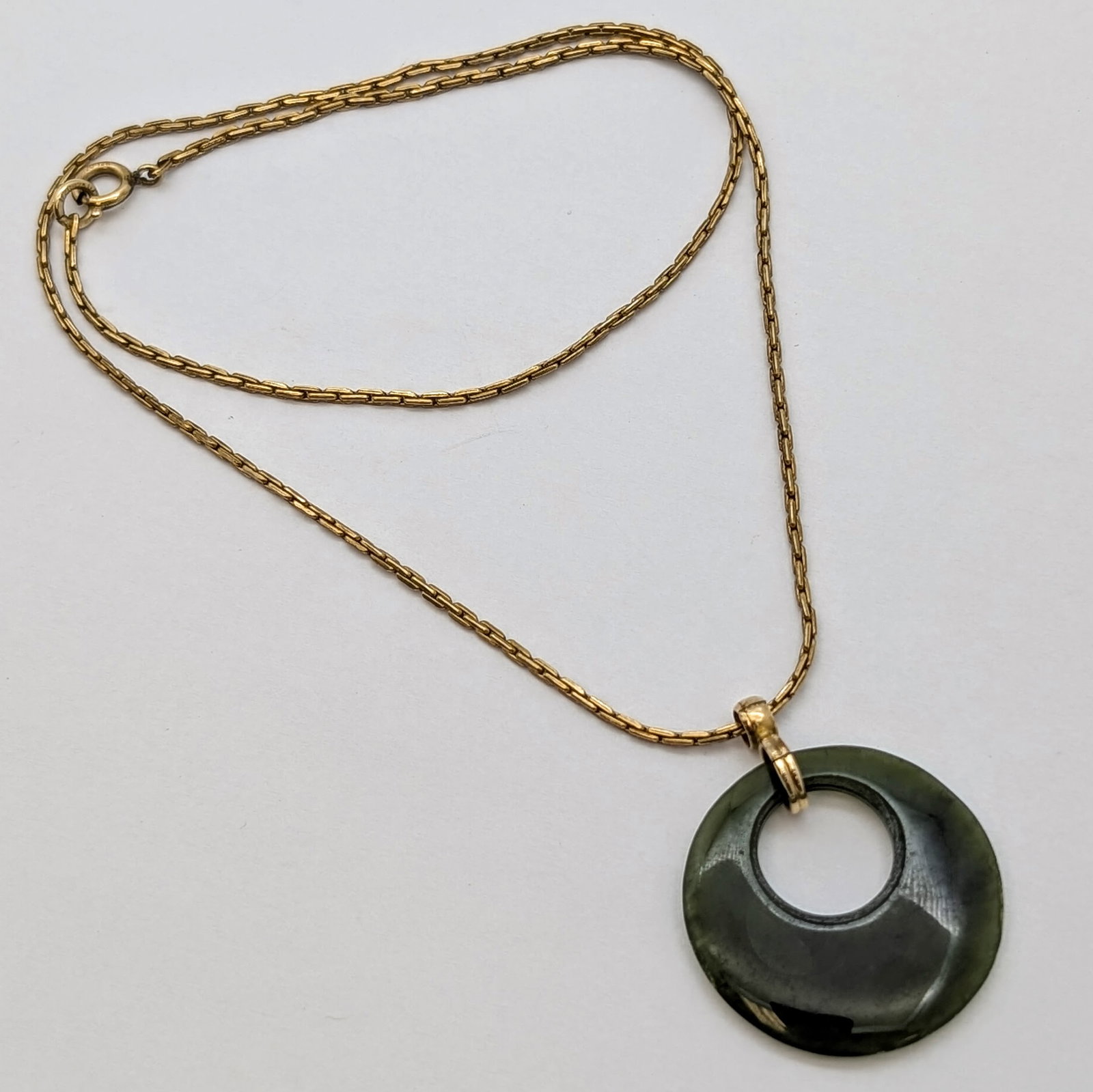 Classic Gold Filled Necklace w/ Dark Green Disc Ring Pendant - 2