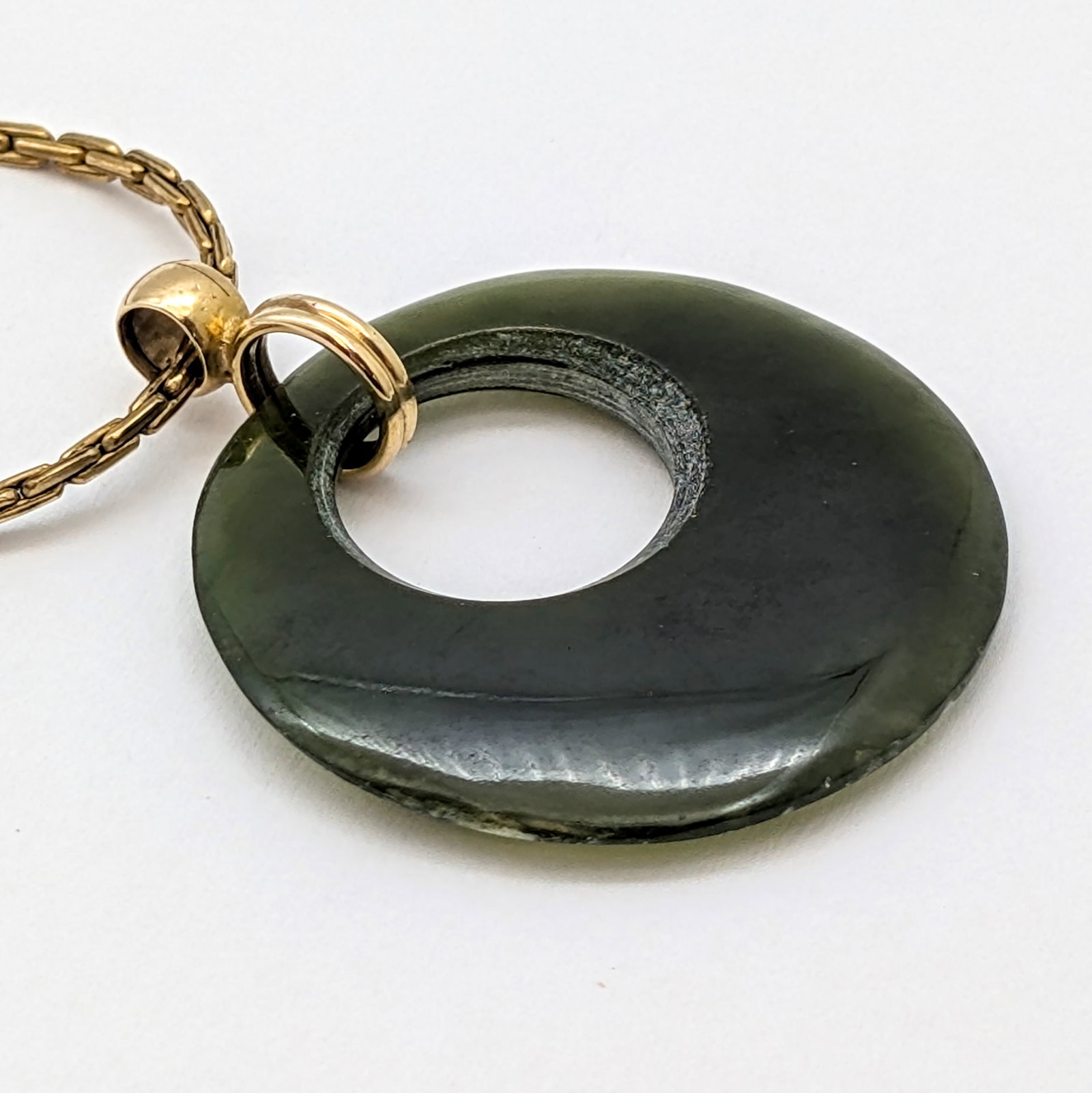 Classic Gold Filled Necklace w/ Dark Green Disc Ring Pendant - 3