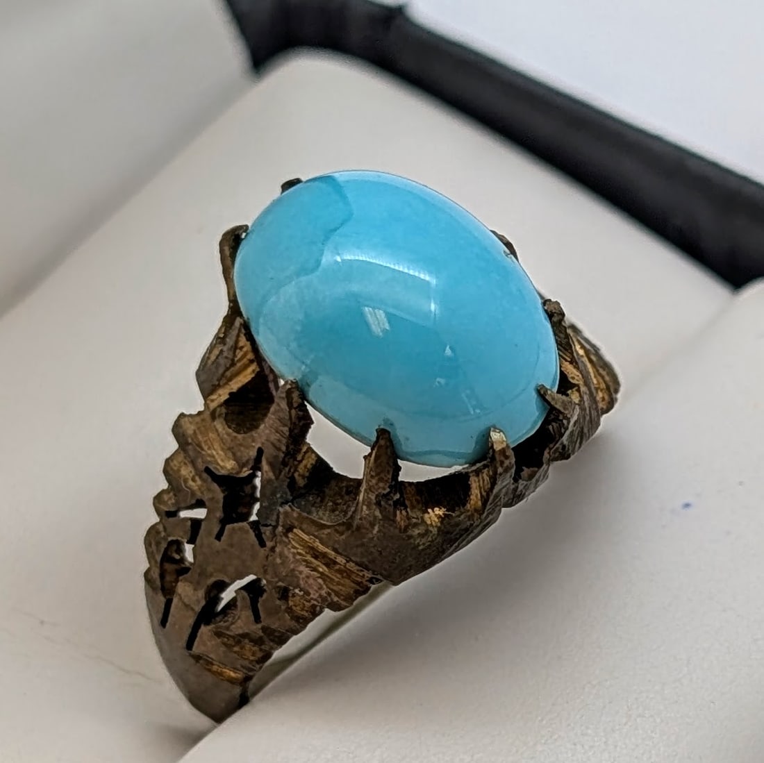 Antique Artisan Cocktail Ring Featuring a Vibran, Smooth Blue Stone: Size 6.5