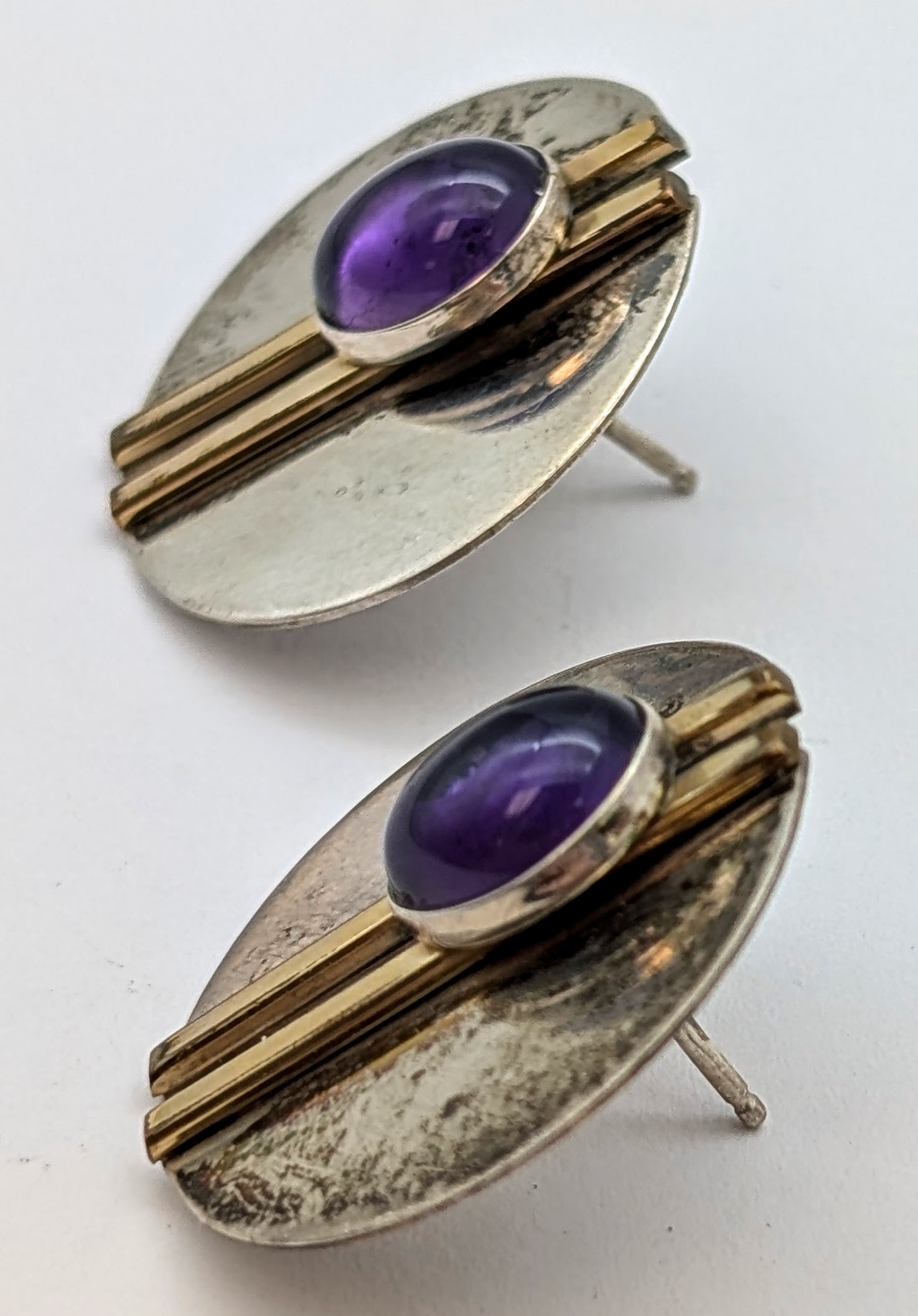 Vintage Sterling Silver Golf Filled Geometric Split Earrings w/ Purple Stone - 2