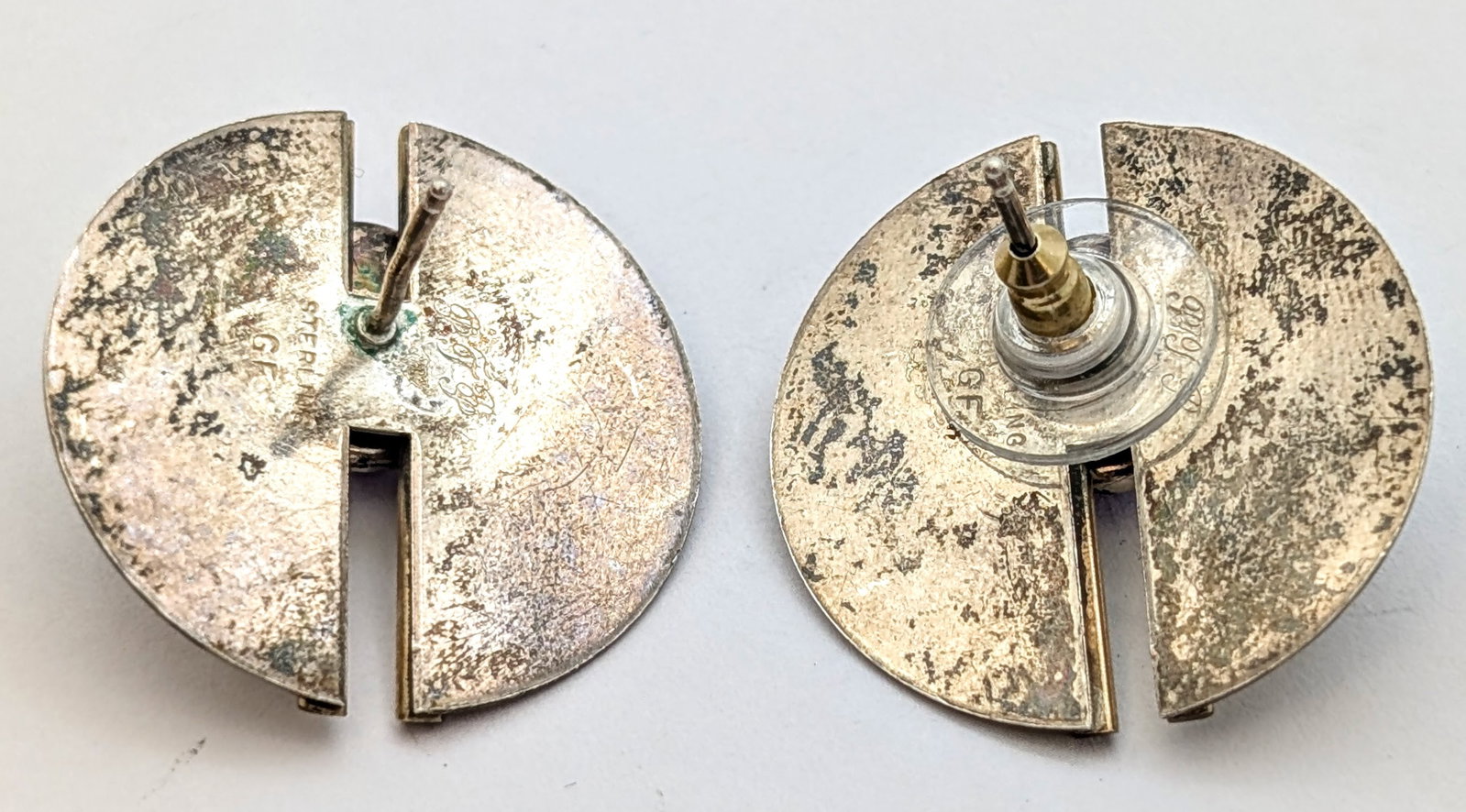 Vintage Sterling Silver Golf Filled Geometric Split Earrings w/ Purple Stone - 4