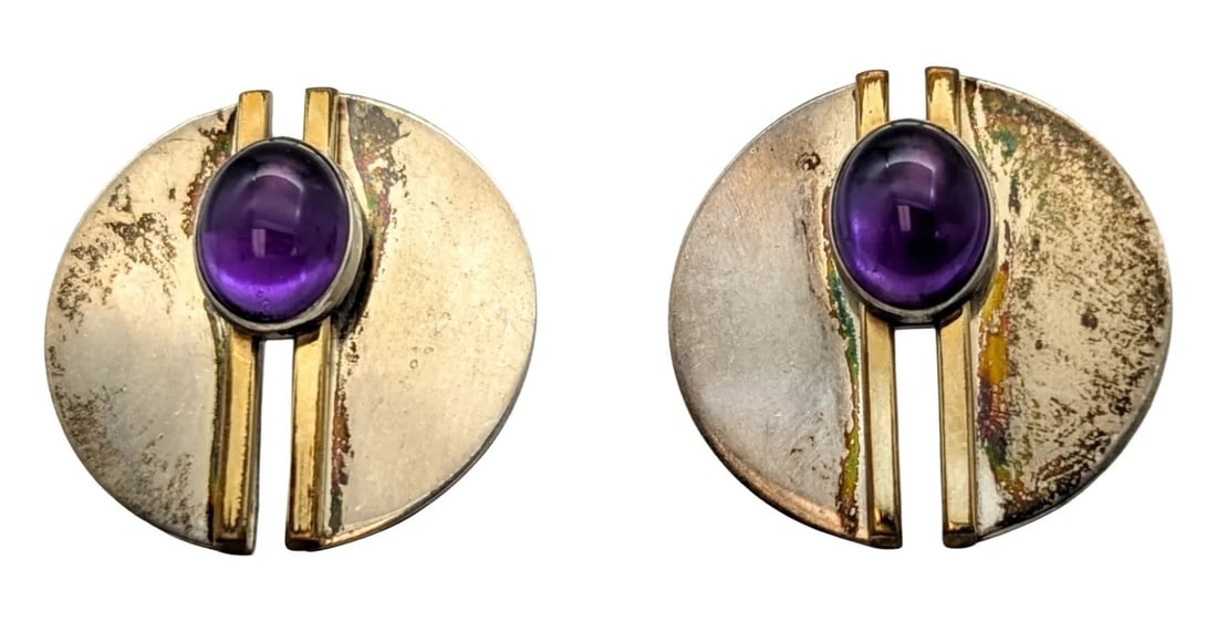 Vintage Sterling Silver Golf Filled Geometric Split Earrings w/ Purple Stone - 7