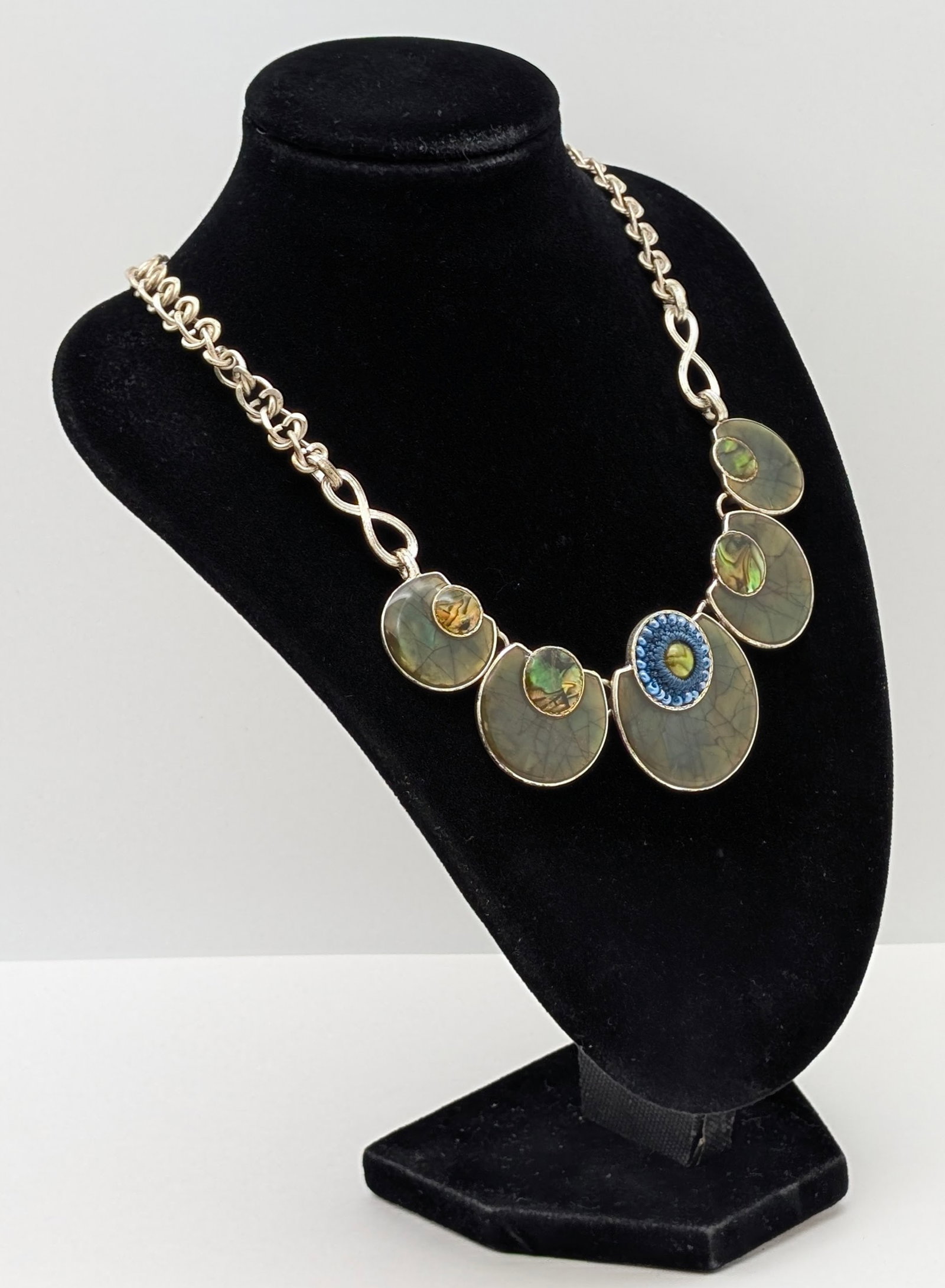 Liz Claiborne Silver Toned Statement Necklace w/ Iridescent Green Crescent Pendants: _