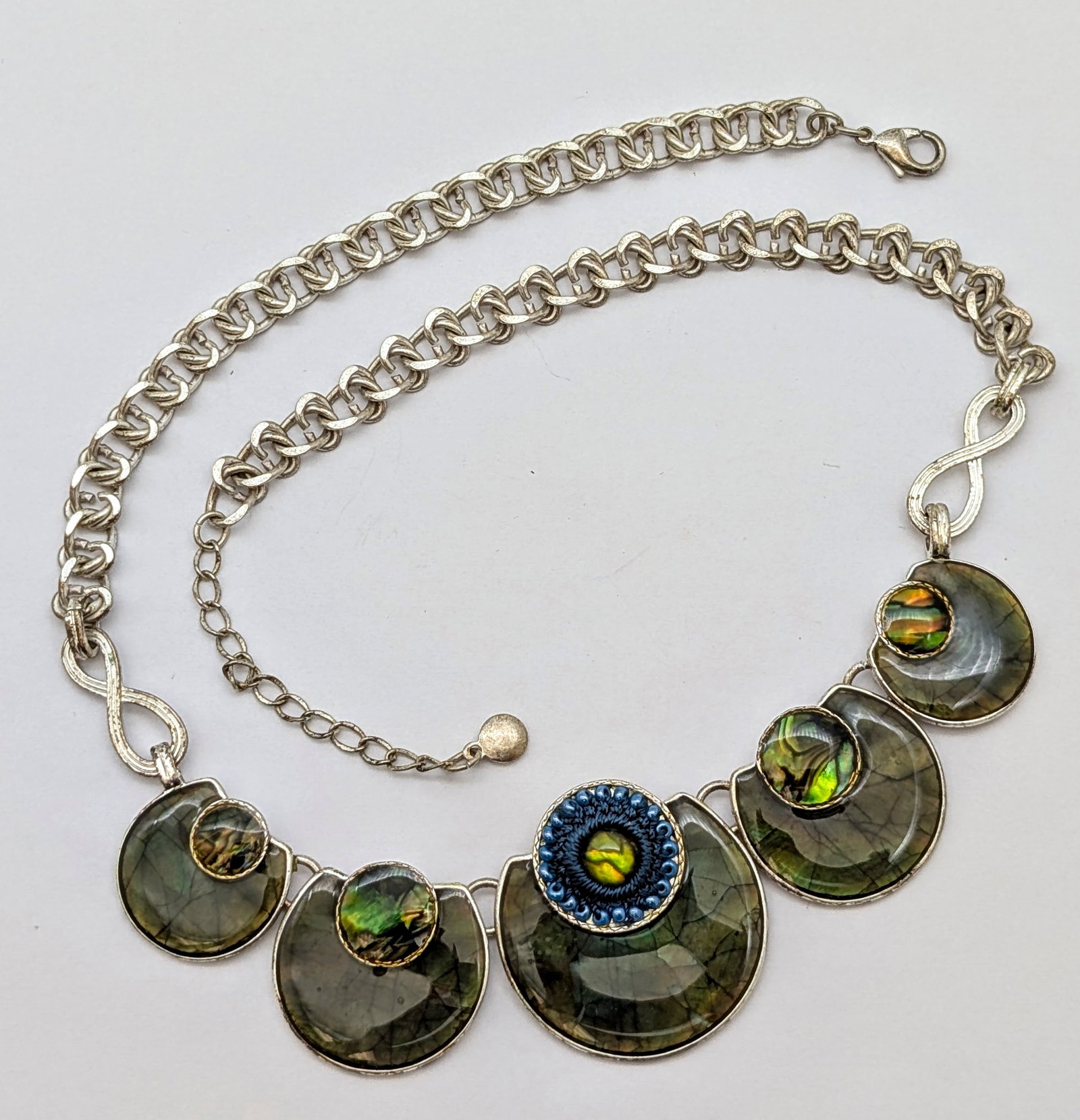 Liz Claiborne Silver Toned Statement Necklace w/ Iridescent Green Crescent Pendants - 2