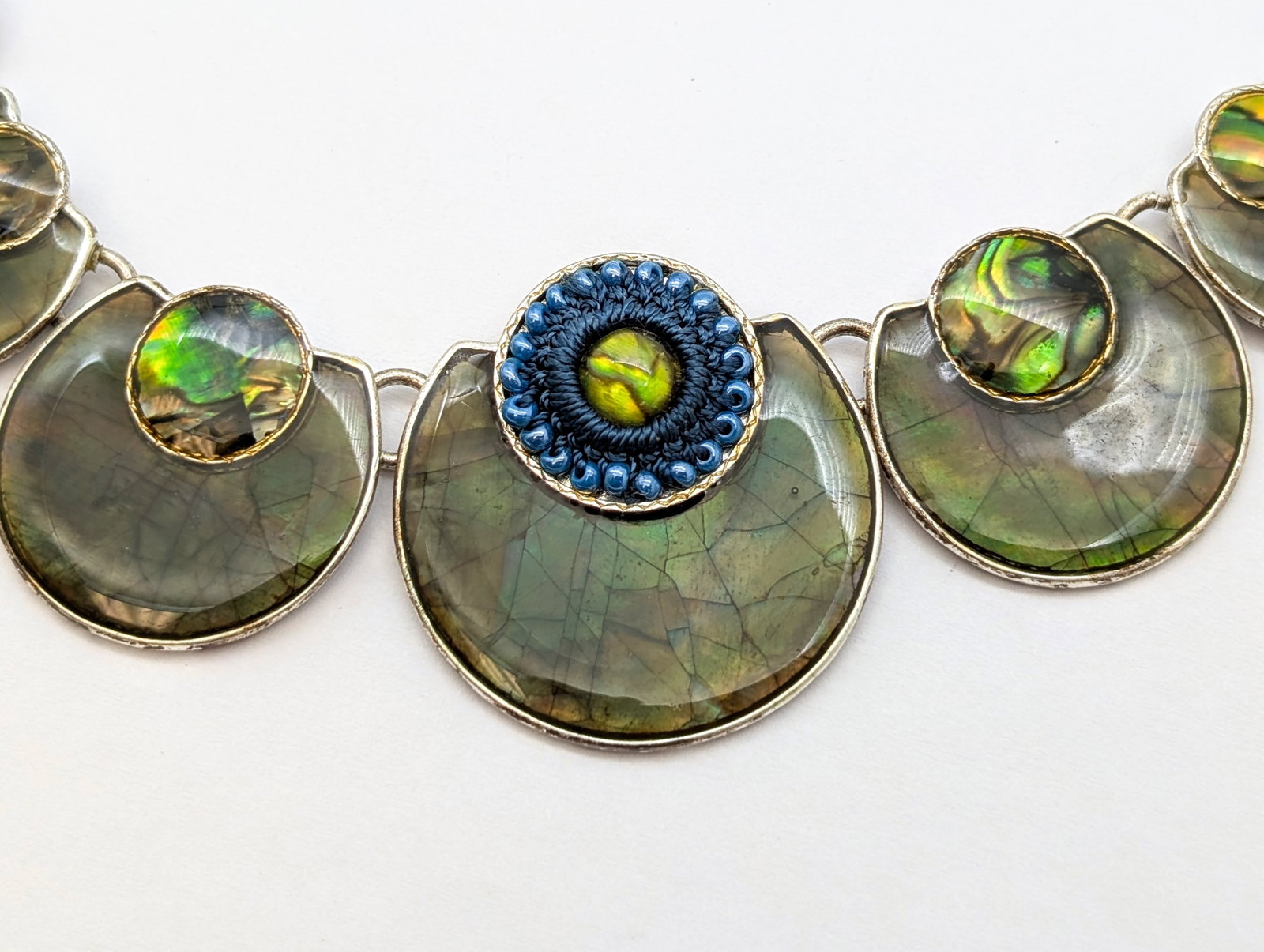 Liz Claiborne Silver Toned Statement Necklace w/ Iridescent Green Crescent Pendants - 3