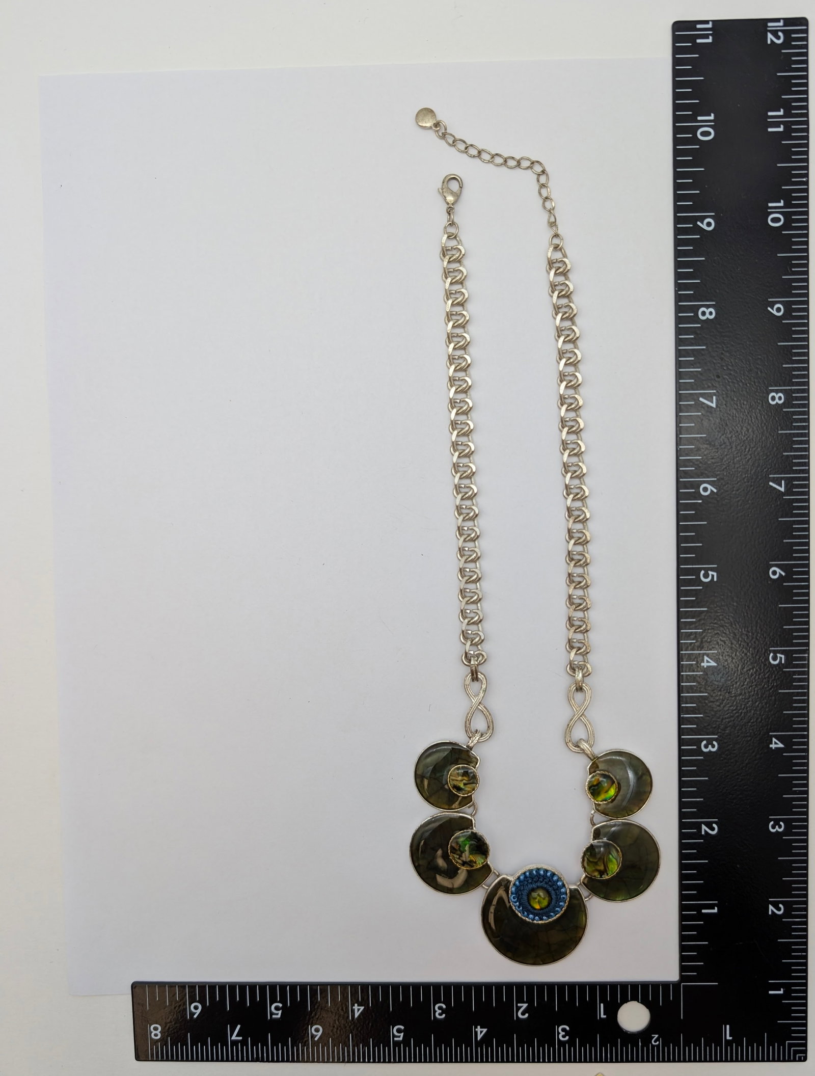 Liz Claiborne Silver Toned Statement Necklace w/ Iridescent Green Crescent Pendants - 5