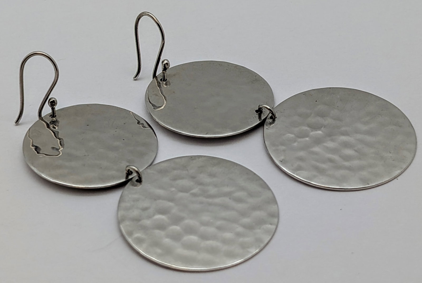 Classic Sterling Silver Double-Disc Dangle Earrings w/ Hammered Texture - 2
