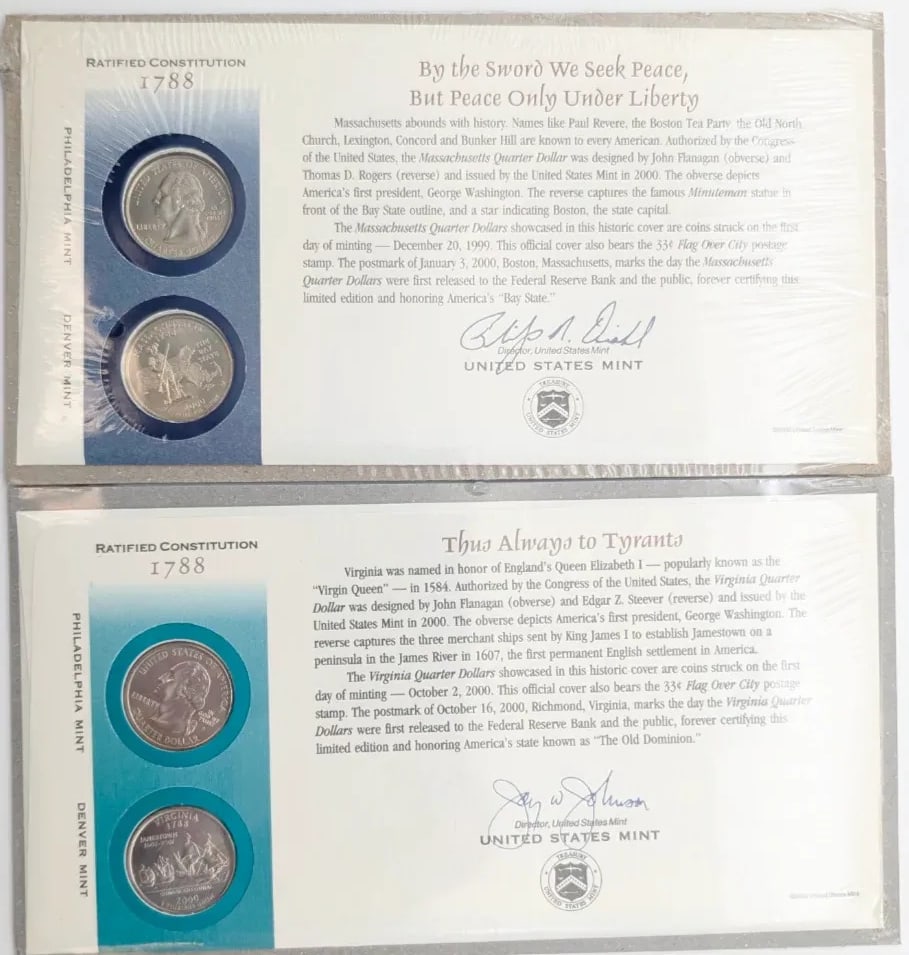 Lot of 2 US Mint First Day of Issue State Quarter Coin Sets- 1999 MA, 2000 VA (1 of 3)