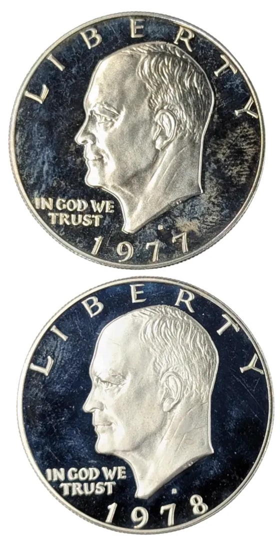Lot of 2 Eisenhower "Ike" Proof $1 Coins- 1977-S, 1978-S: _