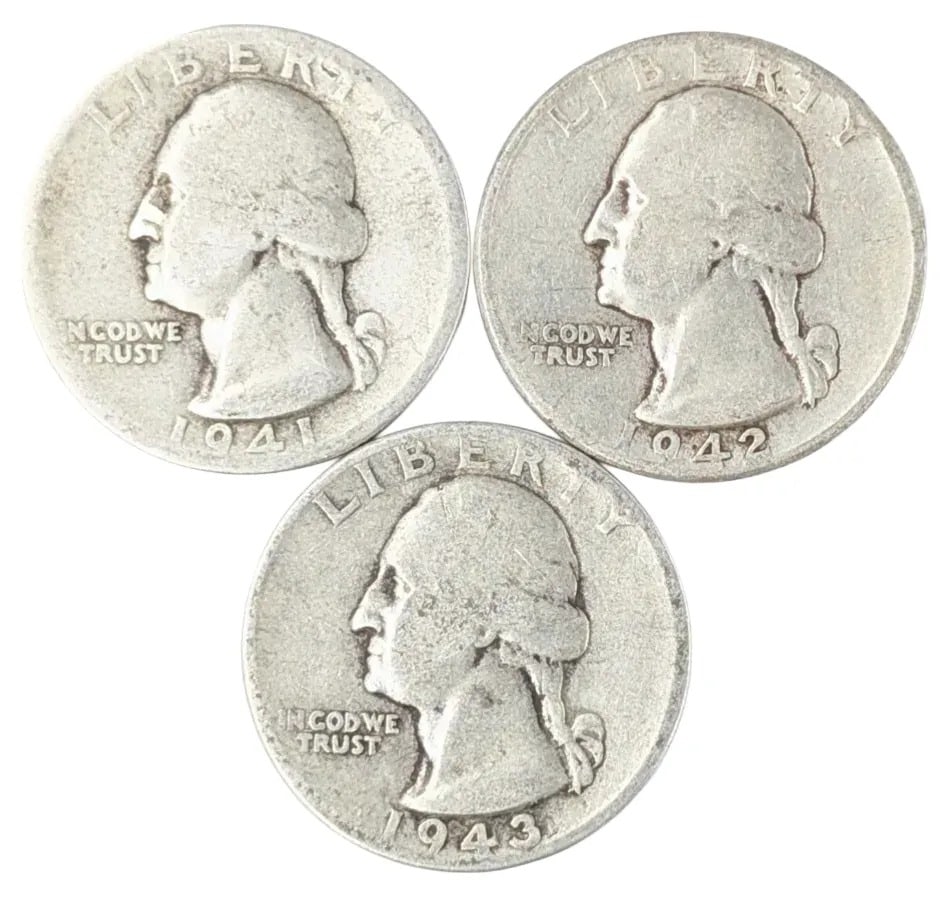 Lot of 3 Silver Washington Quarters - 1941-S, 1942, 1943: _