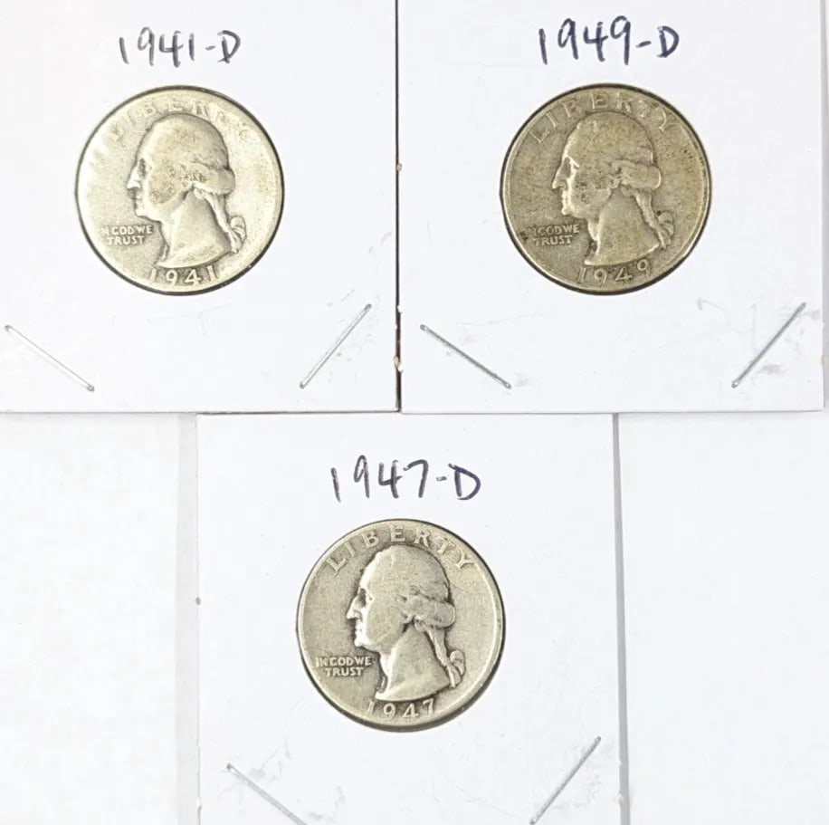 Lot of 3 Silver Washington Quarters - 1941-D, 1949-D, 1947-D: _