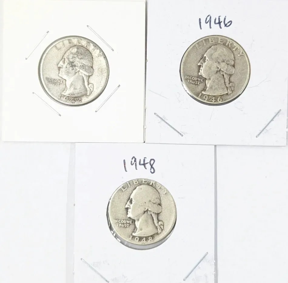 Lot of 3 Silver Washington Quarters - 1942, 1946, 1948: _