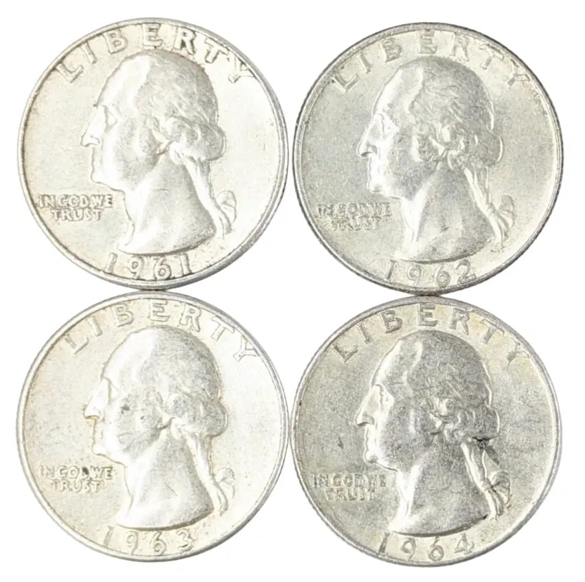 Lot of 4 Silver Washington Quarters - 1961-1964: _