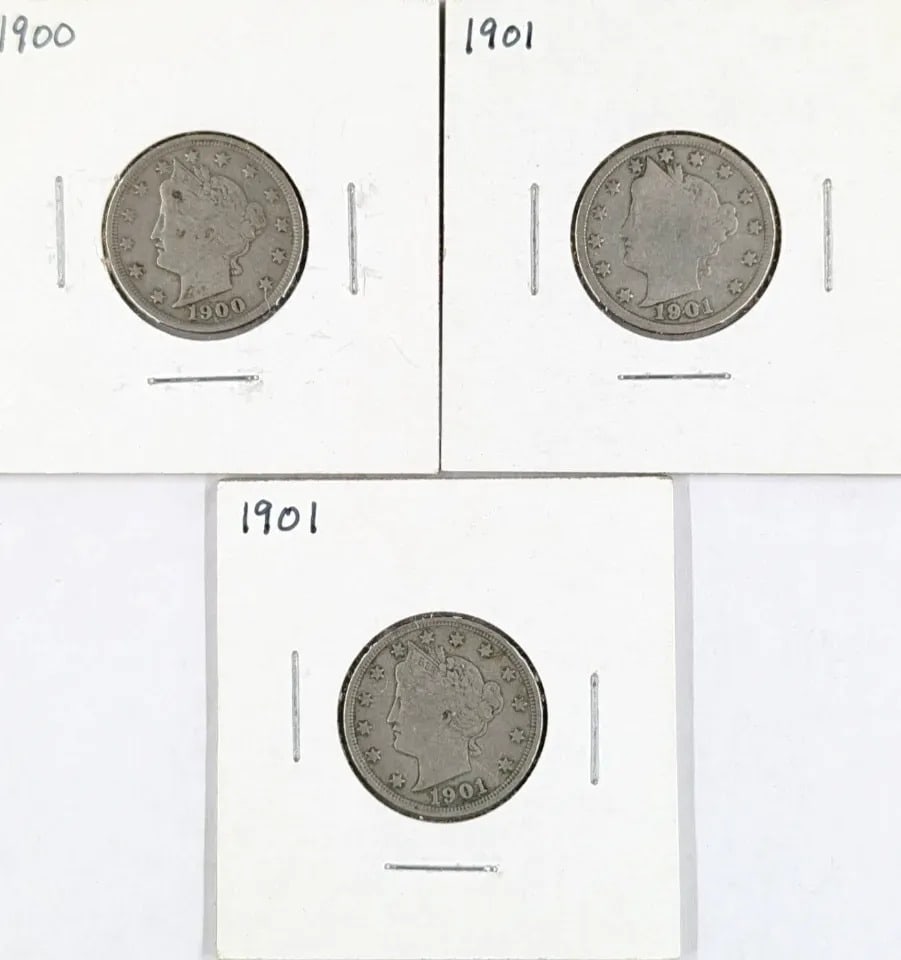 Lot of 3 V Nickels- 1900, 1901(2): _