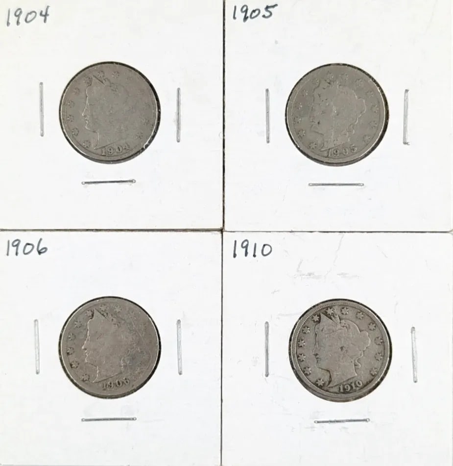 Lot of 4 V Nickels- 1904-1910: _