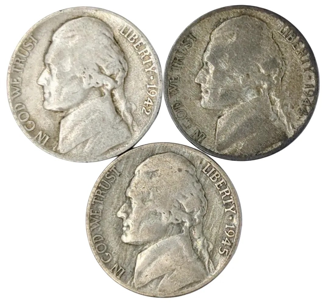 Lot of 3 Silver War Nickels -1942, 1944, 1945: 35% Silver