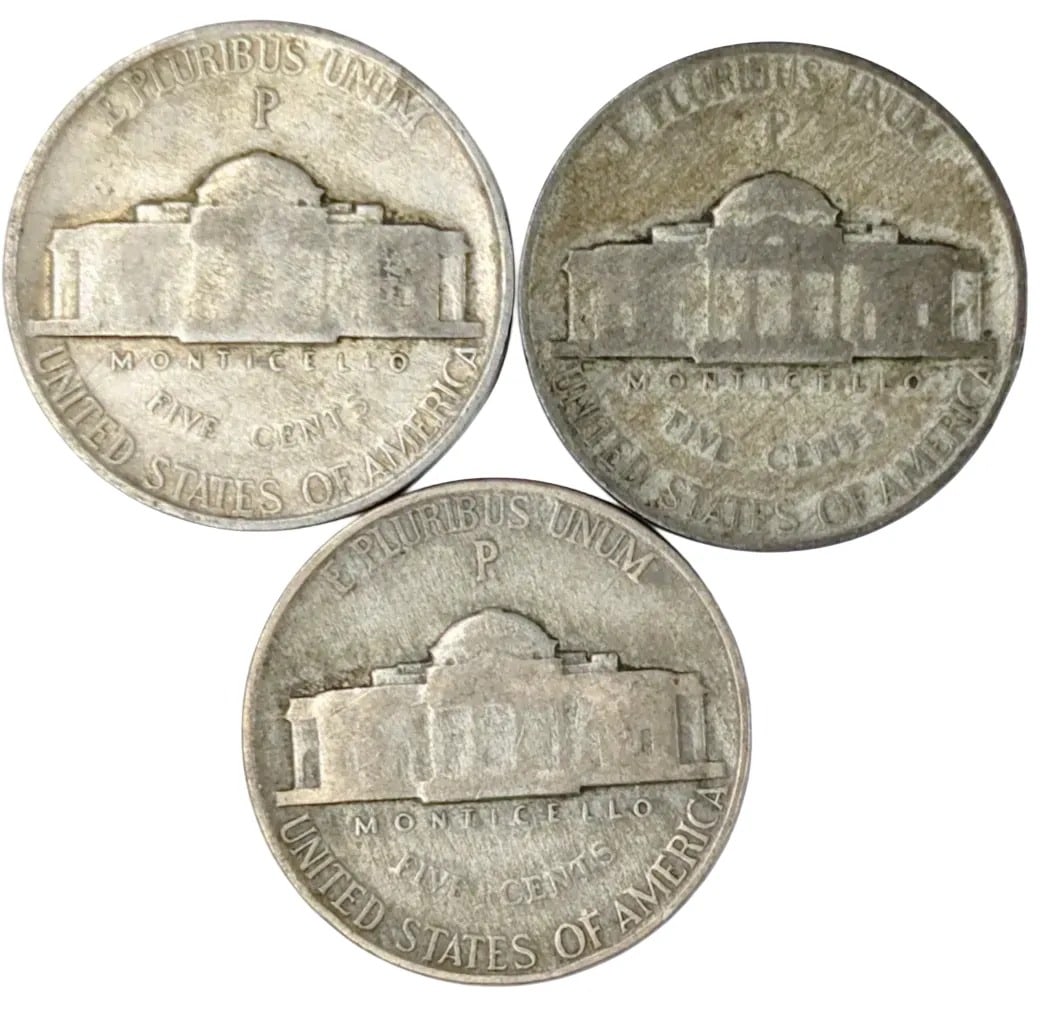Lot of 3 Silver War Nickels -1942, 1944, 1945 - 2