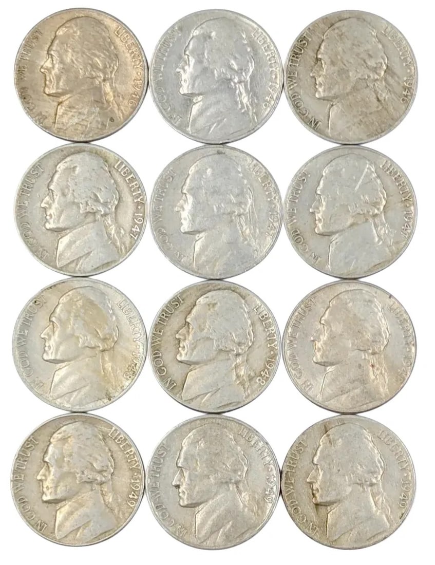 Lot of 12 Jefferson Nickels- 1946-1949: _