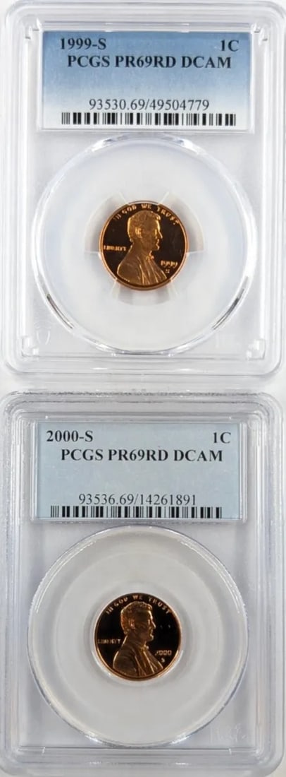 Lot of 2 PCGS PR69RD DCAM Lincoln Cents- 1999-S, 2000-S: _