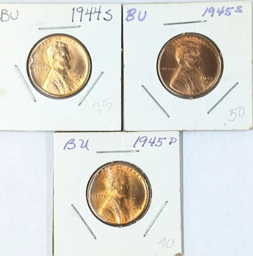 Lot of 3 Wheat Cents- 1944-S, 1945-S, 1945-D: _