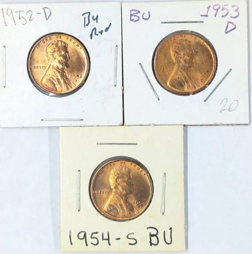 Lot of 3 Wheat Cents- 1952-D, 1953-D, 1954-S: _