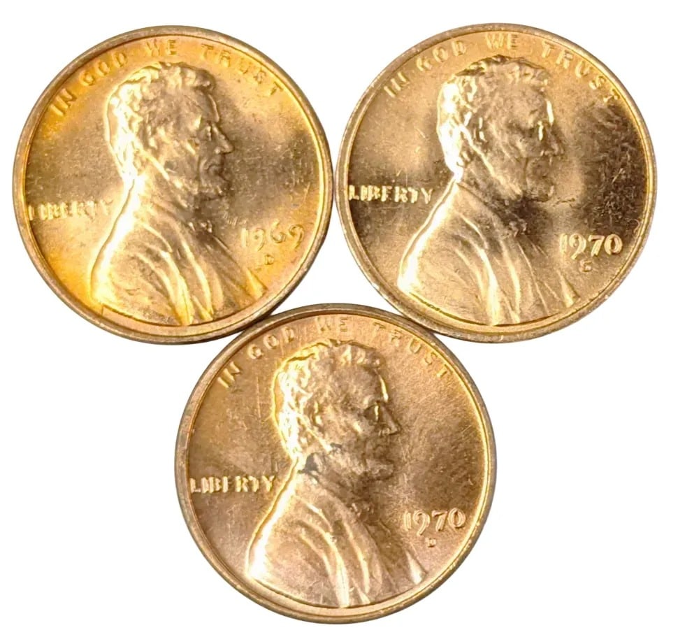 Lot of 3 Uncirculated Lincoln Cents- 1969-D, 1970-S/D: _