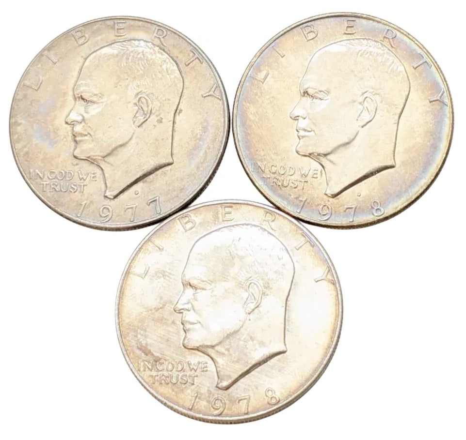 Lot of 3 Uncirculated Eisenhower "Ike" $1 Coins- 1977-D, 1978 D/P: Rainbow Toning!