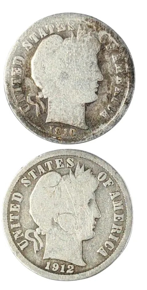 Lot of 2 Silver Barber Dimes - 1910, 1912-D: _