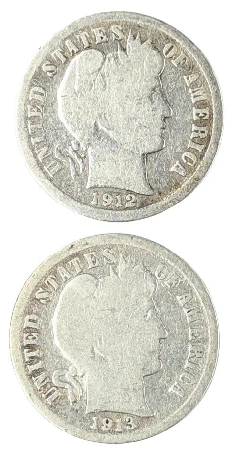 Lot of 2 Silver Barber Dimes - 1912, 1913: _