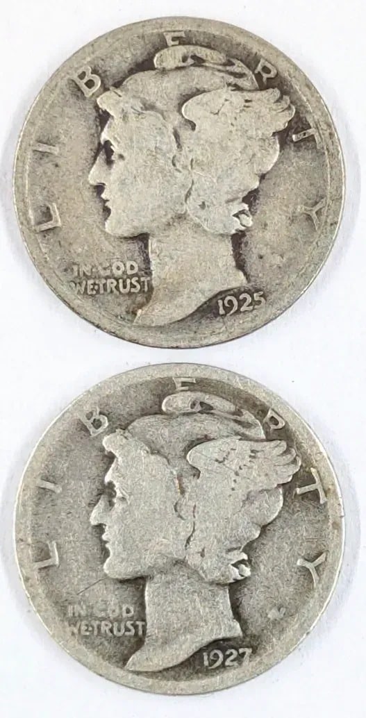 Lot of 2 Silver Mercury Dimes - 1925, 1927-S: _