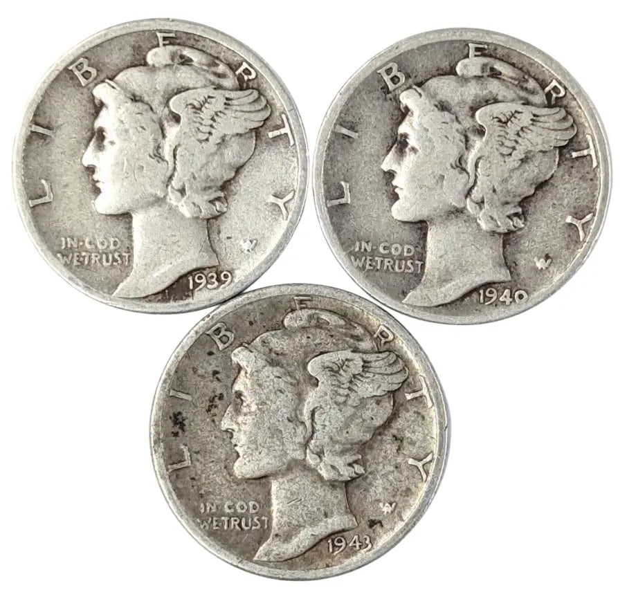Lot of 3 Silver Mercury Dimes - 1939, 1940, 1943: _