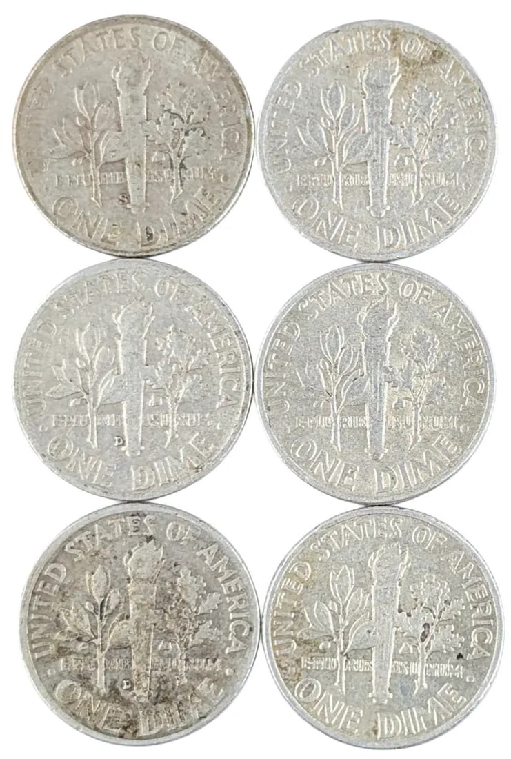 Lot of 6 Silver Roosevelt Dimes- 1950-1959 - 2