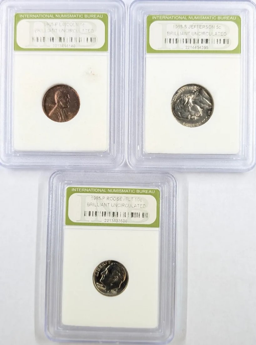 Lot of 3 INB BU Coins- 1965 Lincoln, 1968-S Jefferson, 1985 Roosevelt: _