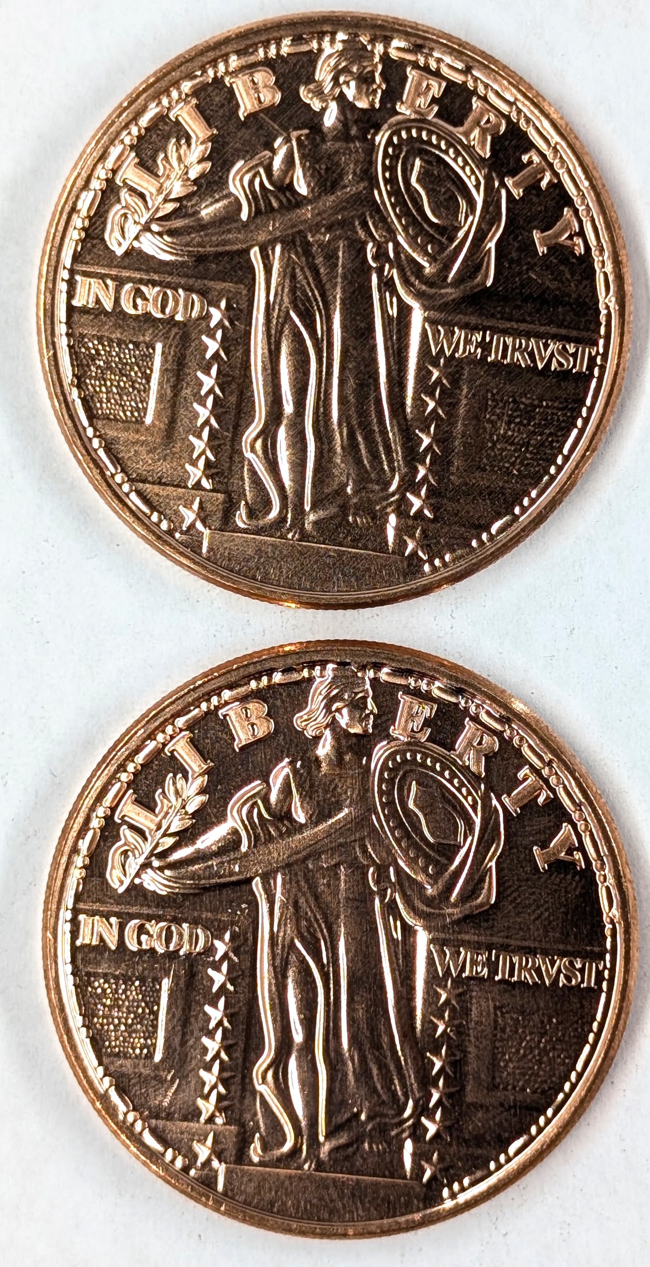 Lot of 2 - 1 Ounce (each) Fine .999 Copper Rounds - Standing Liberty: _