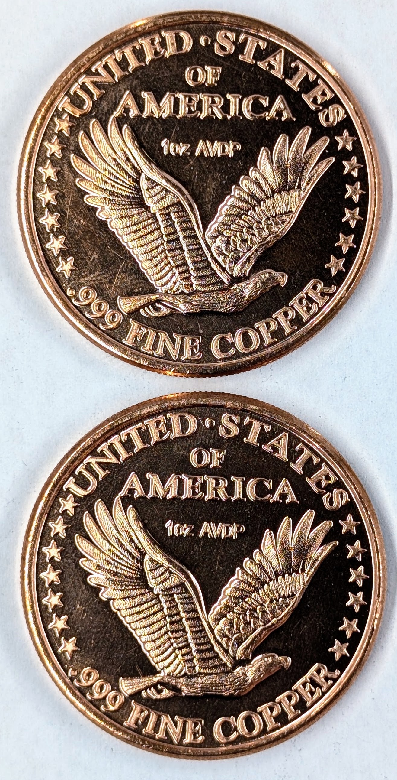 Lot of 2 - 1 Ounce (each) Fine .999 Copper Rounds - Standing Liberty - 2