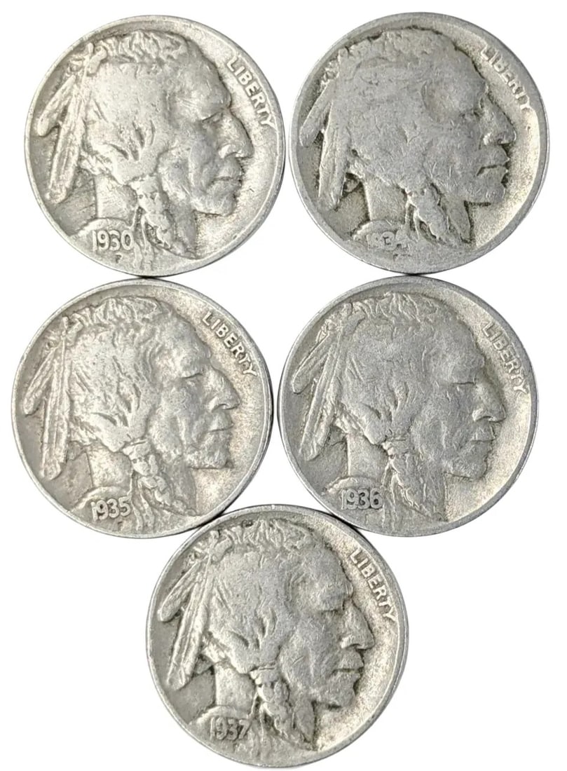 Lot of 5 Buffalo Head Nickels - 1930-1937: _