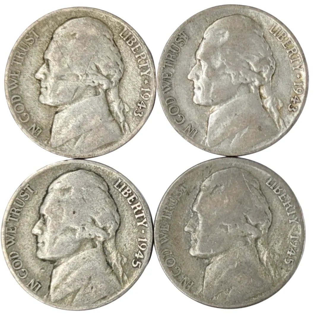 Lot of 4 Silver War Nickels - 1943-1945: 35% Silver