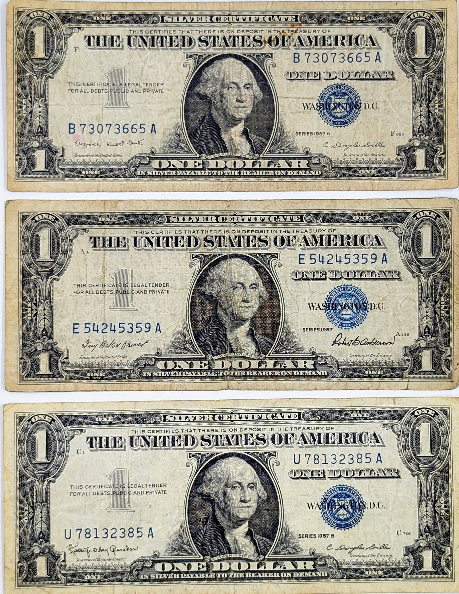 Lot of 3 1957 $1 Notes - Silver Certificates: Circulated
