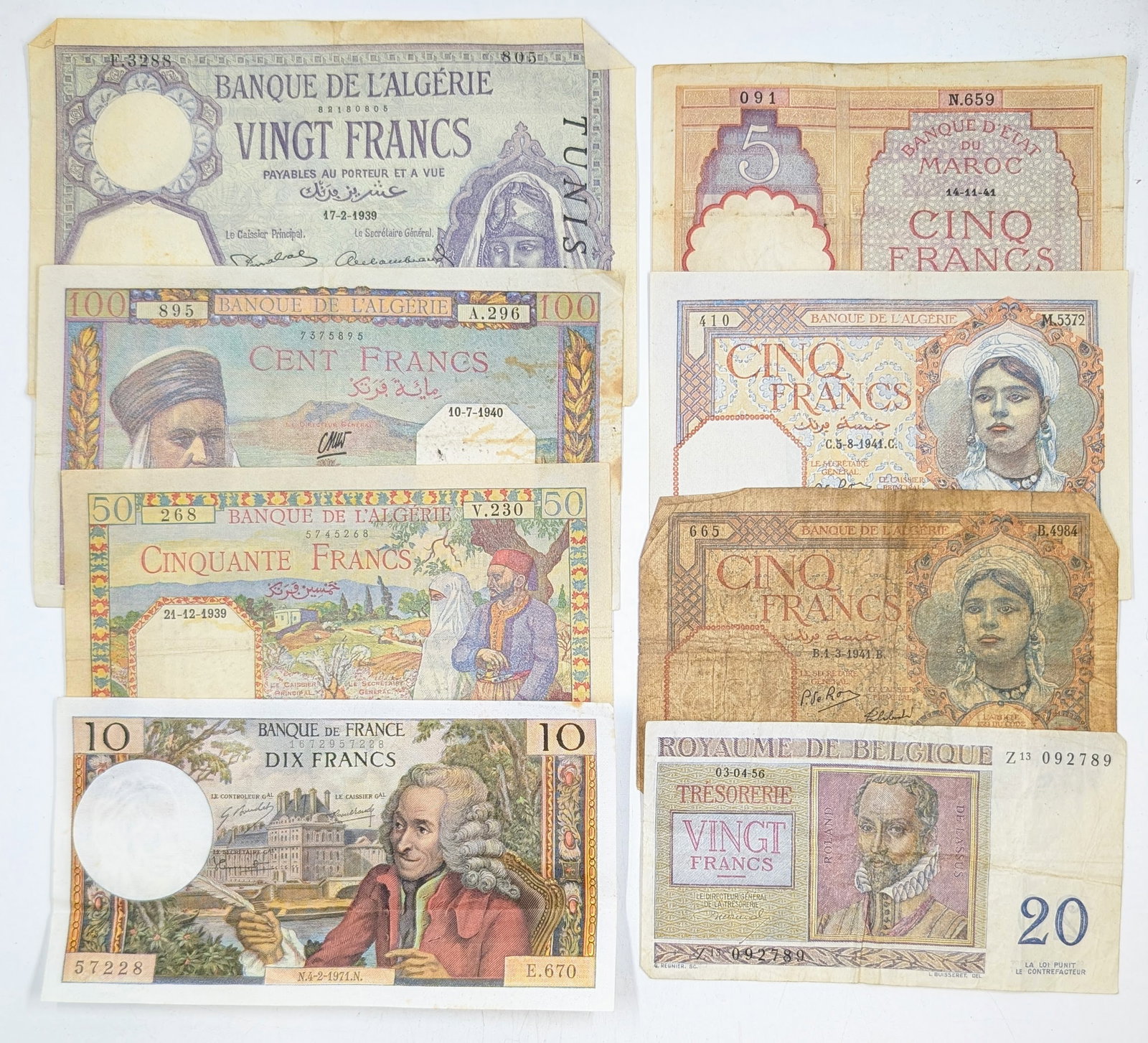 Lot of 8 Vintage French Colonial & European Banknotes: _