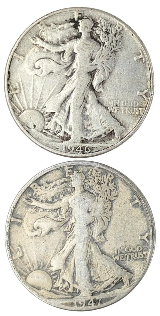 Lot of 2 Silver Walking Liberty Half Dollars - 1946, 1947-D: _