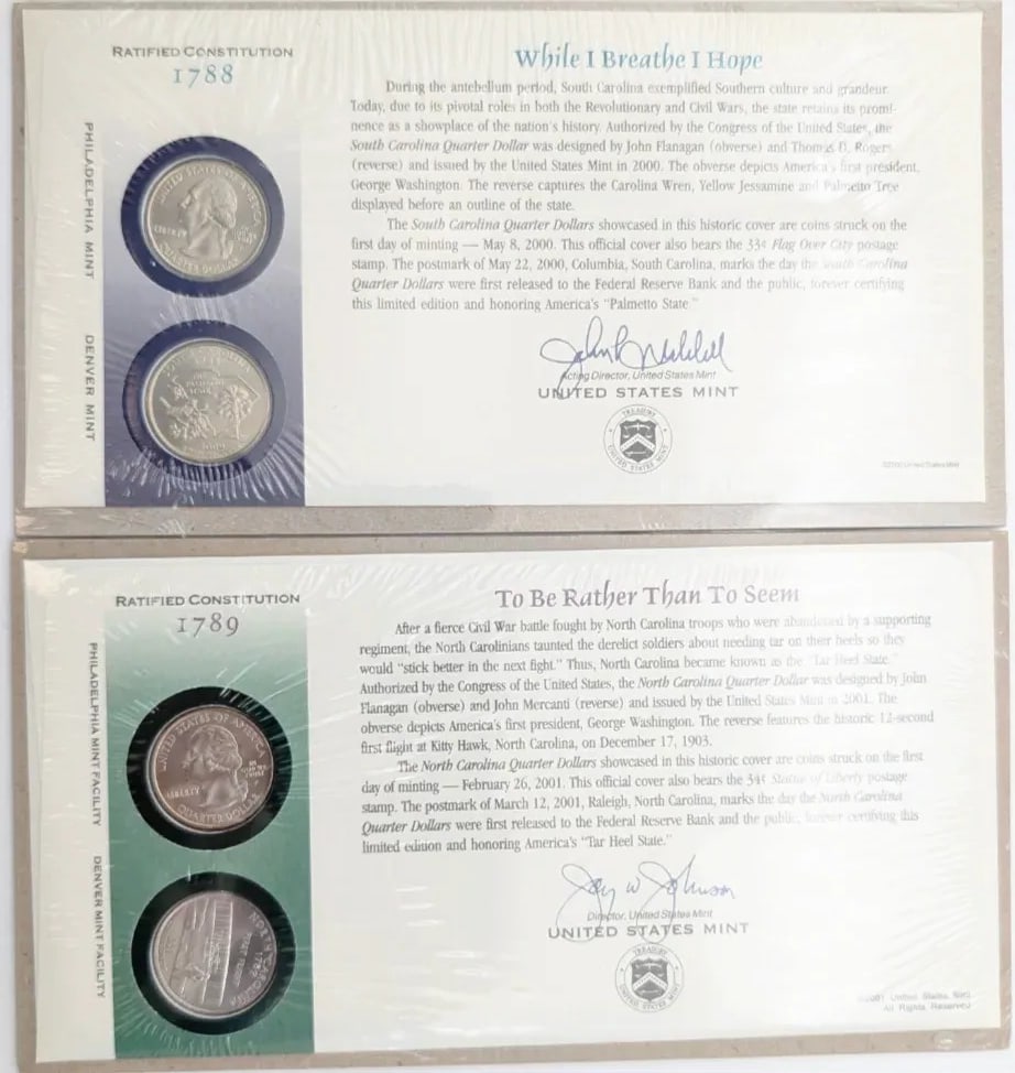Lot of 2 US Mint First Day of Issue State Quarter Coin Sets- 2000 SC, 2001 NC (1 of 3)