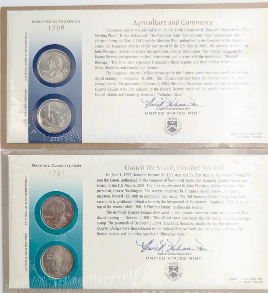Lot of 2 US Mint First Day of Issue State Quarter Coin Sets- 2001 TN, KY: _