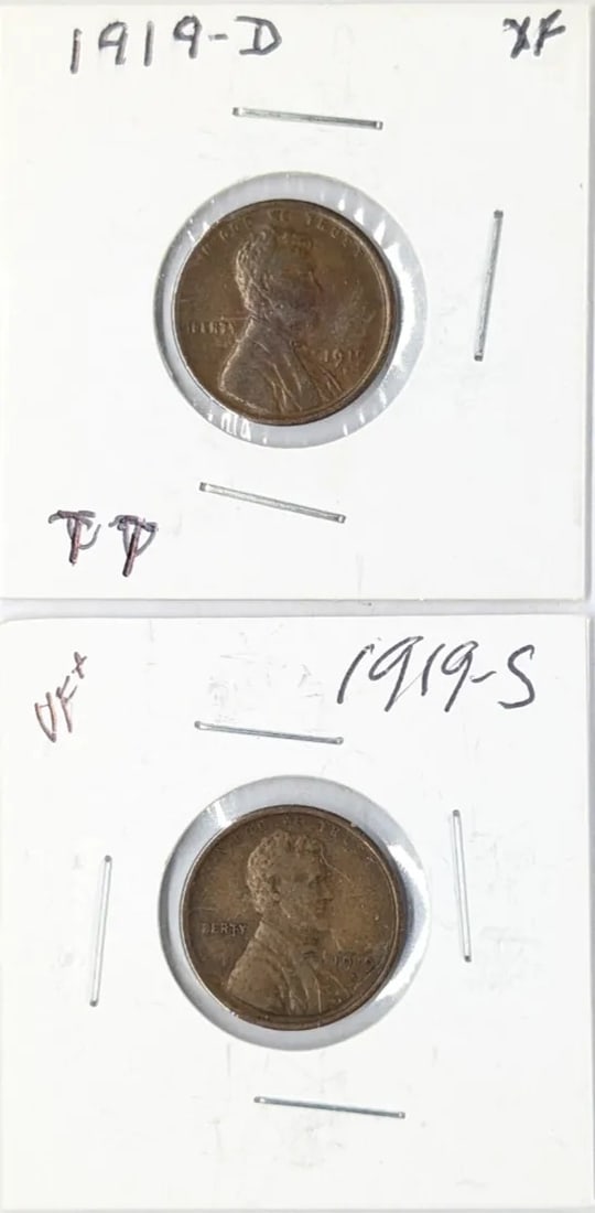Lot of 2 Wheat Cents- 1919-D/S: _
