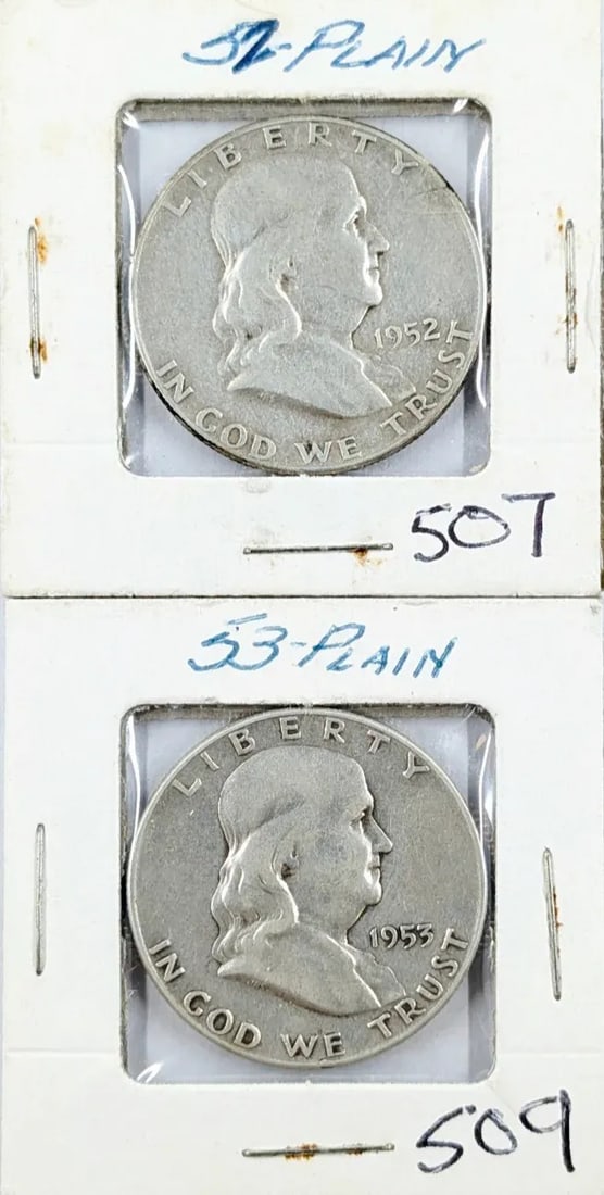 Lot of 2 Silver Franklin Half Dollars - 1952, 1953: _