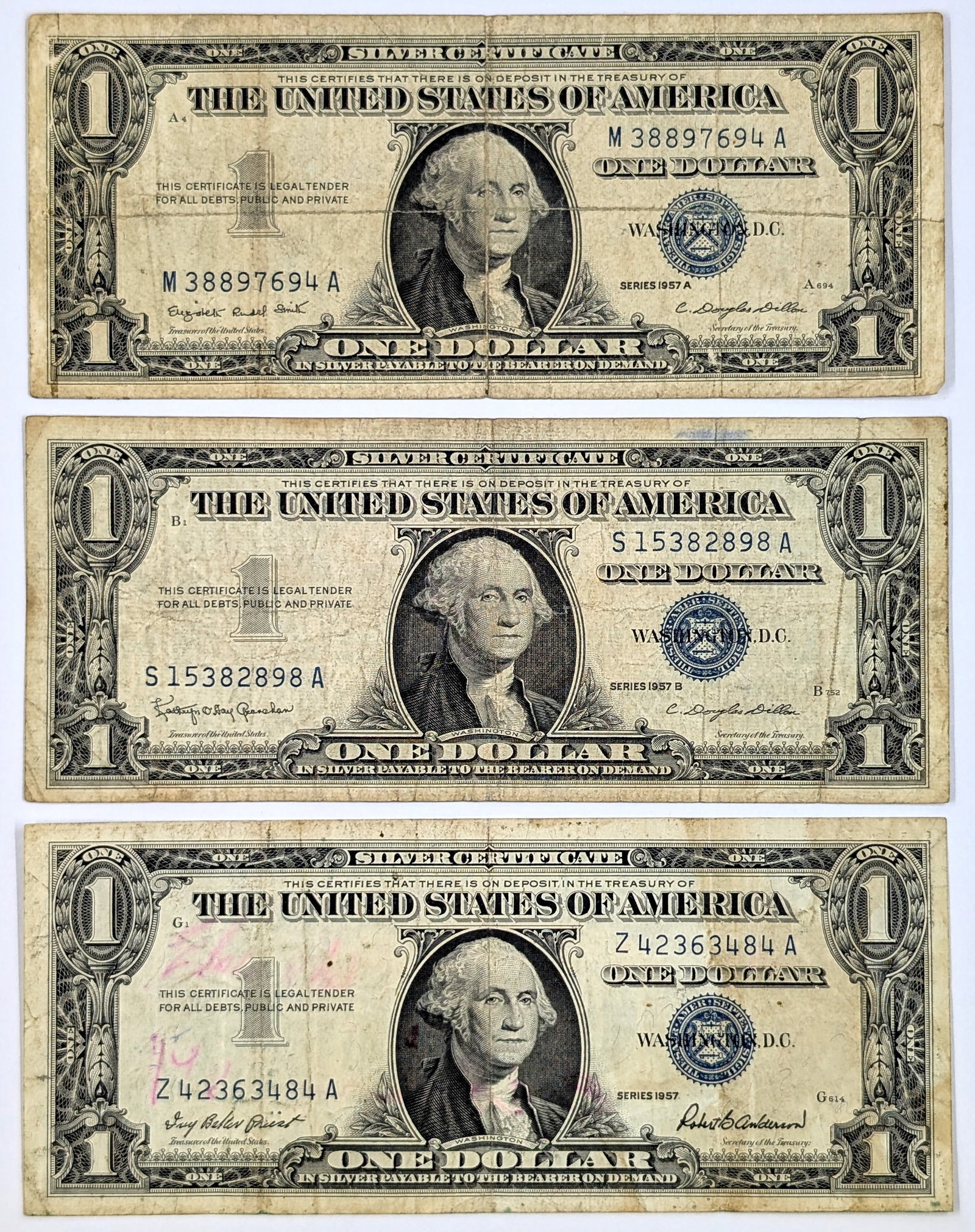 Lot of 3- 1957 $1 Notes - Silver Certificates: Circulated