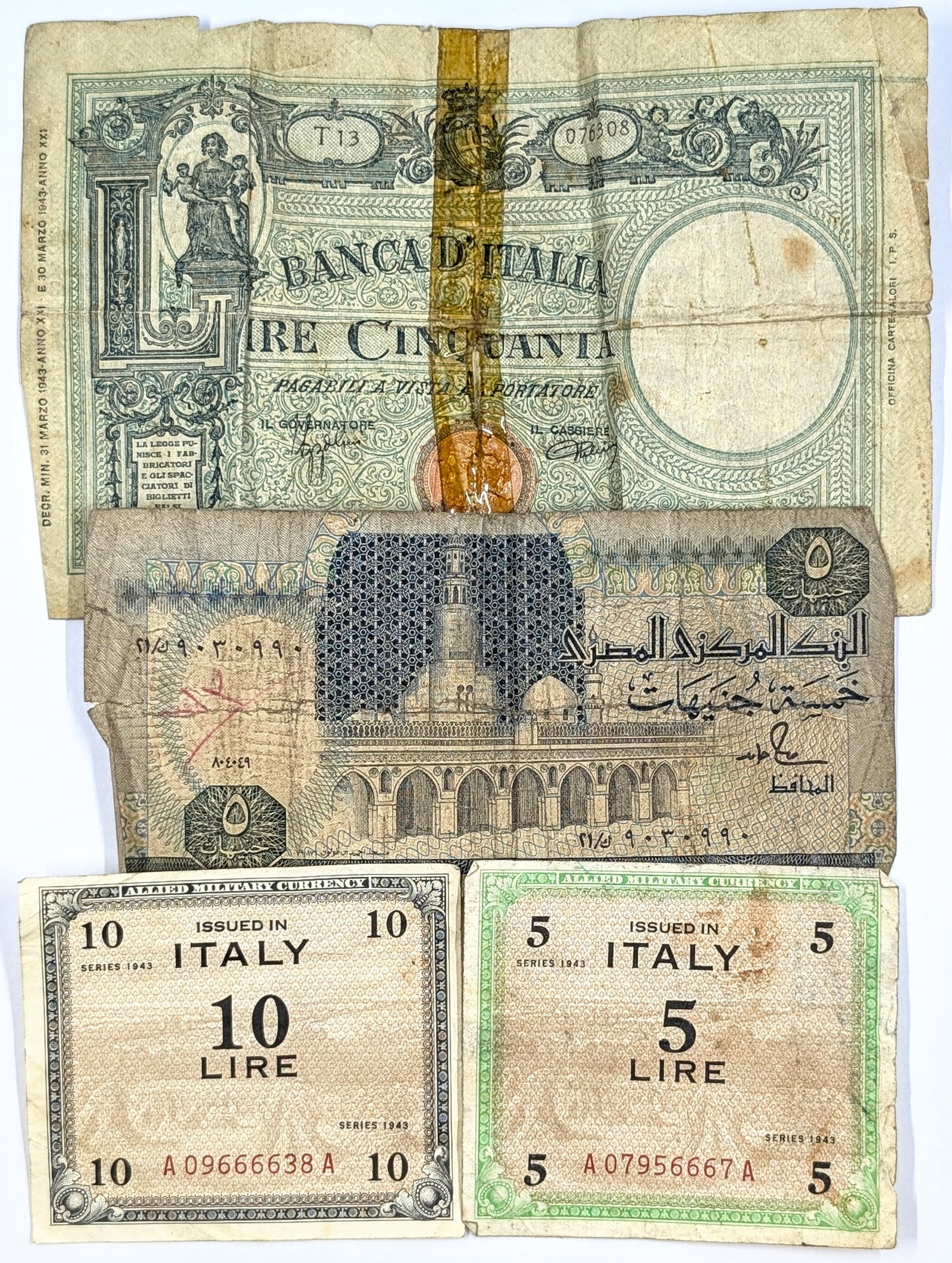 Lot of 4 Vintage Foreign Banknotes- Italy, Egypt, Allied Military Currency: Heavily Circulated