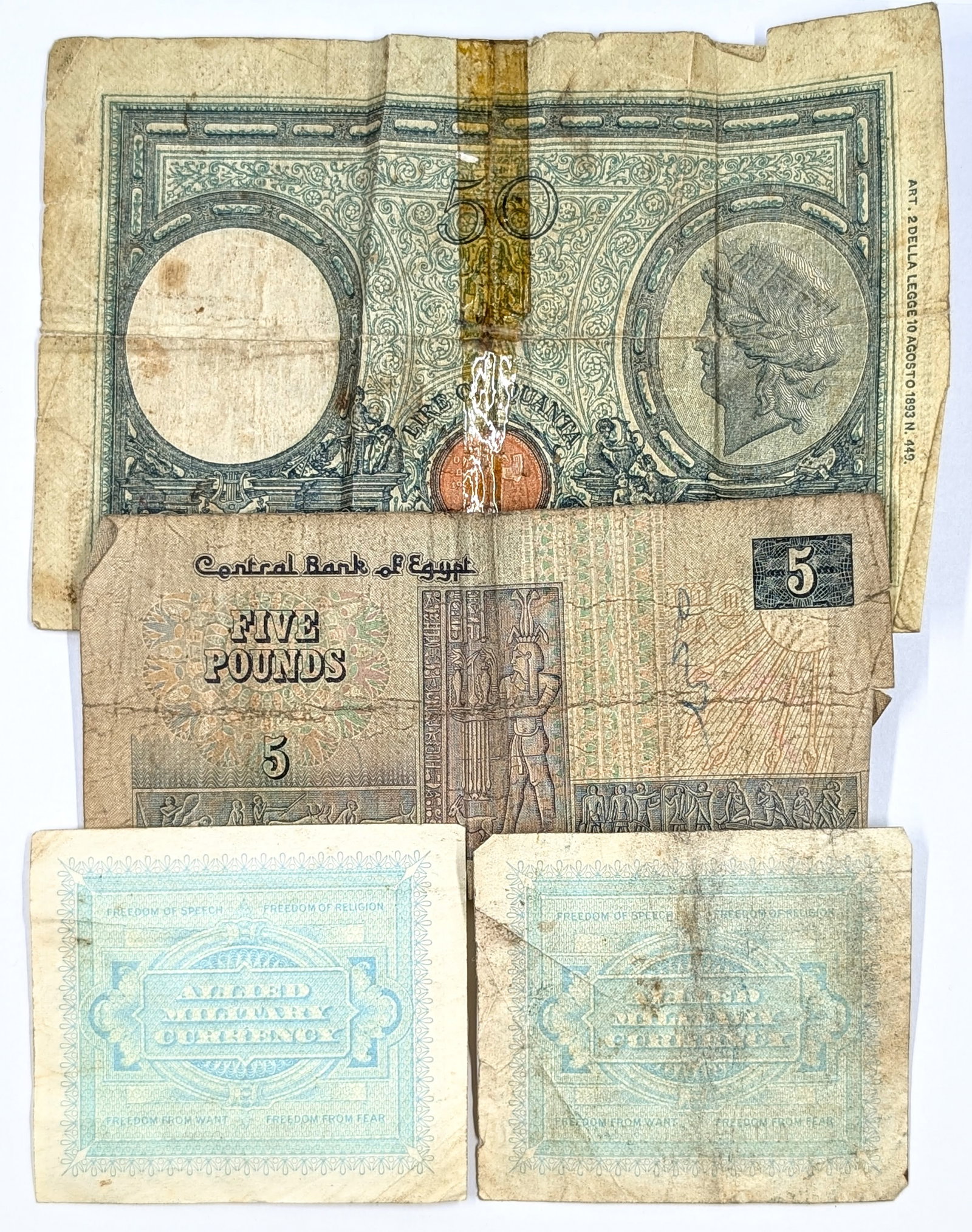Lot of 4 Vintage Foreign Banknotes- Italy, Egypt, Allied Military Currency - 2
